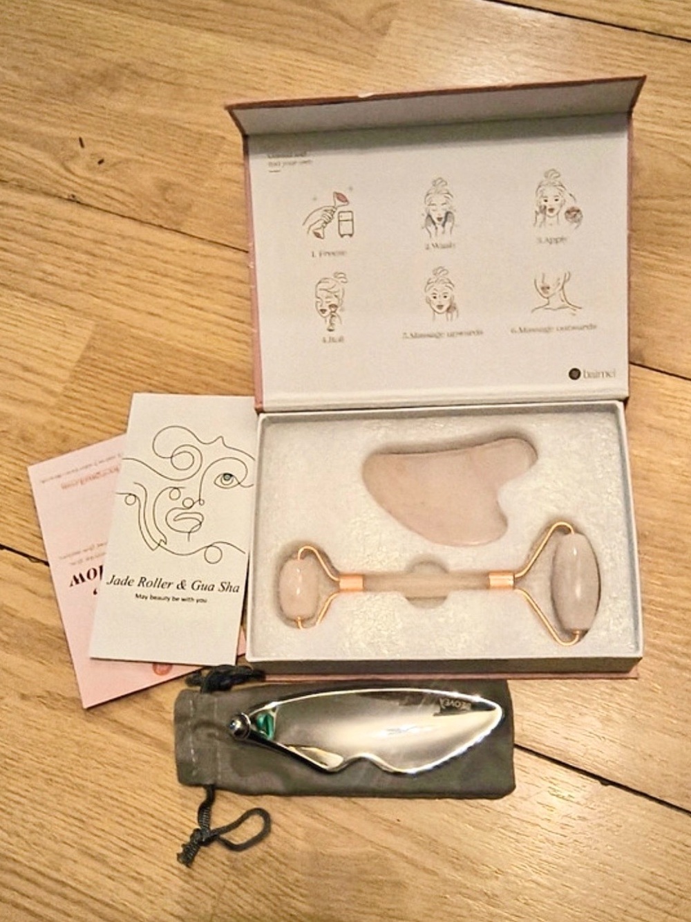 Jade & Stainless Steel Gua Sha Facial Tool Set Bundle Rollers + Velvet Bag NWT